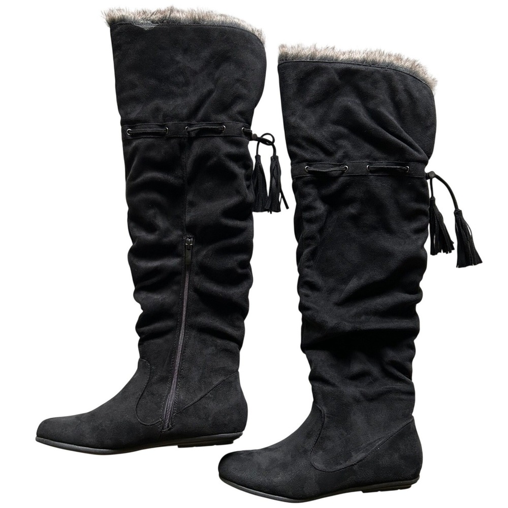 Black Faux Suede Over the Knee Boots Faux Fur Shearling Drawstring 8 JustFab